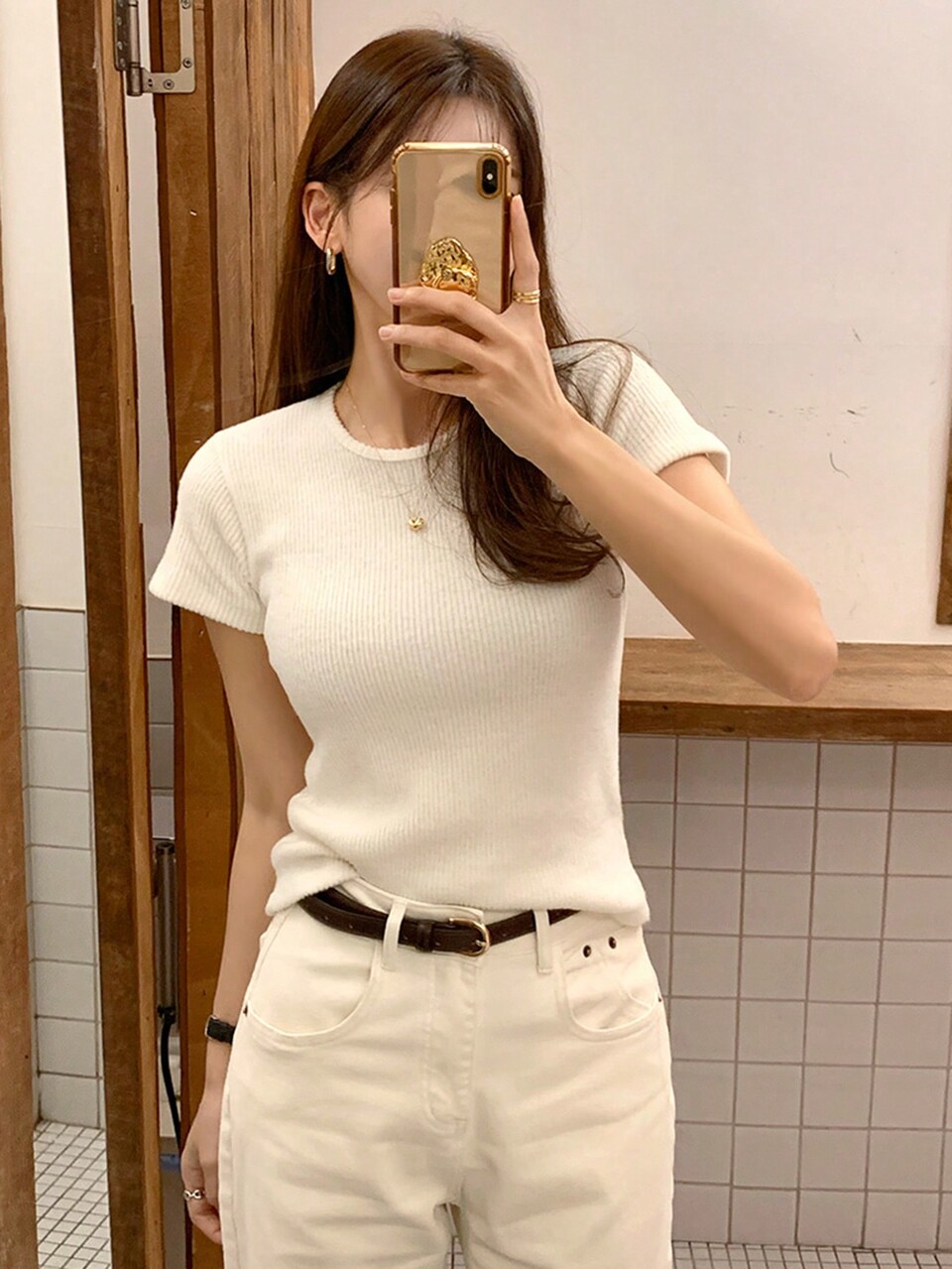 Women Solid Color Round Neck Ribbed Fitted Short Sleeve T-Shirt, Apricot, Spring/Summer,Business Casual Women,Crop Tops Women