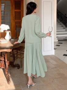 DAZY 女士优雅纯色泡泡袖衬衫和鱼尾裙两件套，适合春夏季、情人节、荷叶边 - 綠色 - 查看 6