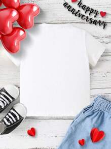 Baby Boy Fun Heart & Dinosaur Print Simple Short Sleeve T-Shirt, Suitable For Valentine's Day, Spring/Summer - White - View 2