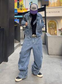 Manfinity EMRG Men's Front Button Long Sleeve Simple Top And Denim Pants 2 Pieces Suit Set - Blue - View 4