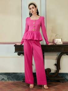 ZEYLAH BLUS LENGAN PANJANG WANITA DENGAN KANCING DEPAN DAN MODEL PEPLUM - Hot Pink - View 3
