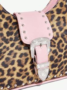 SHEIN ICON 女士, 女式单肩包, 流浪包, 时尚, 个性, 简约, 百搭, 街头, 甜美酷炫女孩, 辣妹, 千禧一代, 复古, 铆钉, 复古, 豹纹, 动物纹, 复古钻石五金扣, 粉色, 青少年,