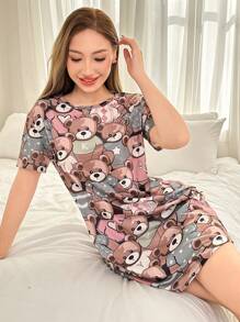 Dream Adore Camisón de cuello redondo de manga corta con estampado total minimalista para mujer, uso diario casual