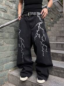 Manfinity EMRG 男士休闲宽松口袋印花牛仔裤，适合日常穿着 - 黑色 - 查看 1