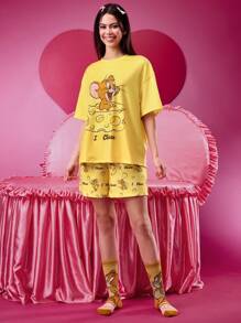 TOM & JERRY X SHEIN Women Yellow Cheese Jerry Cartoon Print Pajama Short Sleeves Set Women Sleepwear Christmas Pajamas Valentine's Day Funny T Shirt Spring&Summer 2 Pieces Sets Ladies