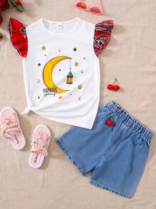 SHEIN رمضان تي شيرت قطني بأكمام مطوية ومقصورة للفتيات المراهقات، بطبعة نجوم وهلال نمط يومي عادي - أبيض - مشاهدة 2