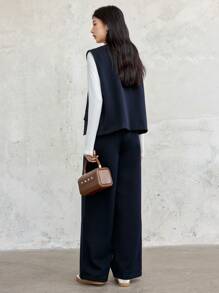 Dazy-Less 2 pièces/Set Pantalon droit ample de couleur unie décontracté pour femmes avec gilet, vêtements d'automne