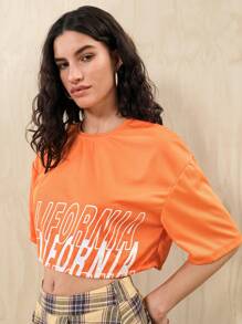 Easelle 字母圖案落肩袖短款T恤 - 橘色 - 查看 1