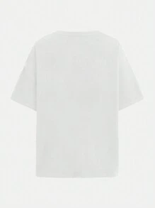 SHEIN EZwear 超大休闲简约肖像图案圆领短袖宽松T恤女款，适合夏季 - 白色 - 查看 2