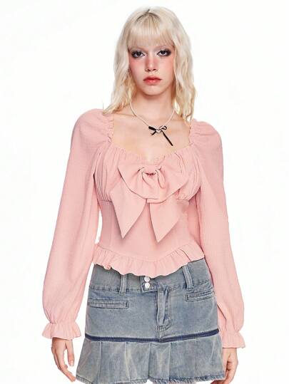 Kawaii Cute Sweet Bubble Long Sleeve Bow Decor Women Blouse