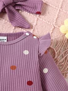 SHEIN Enterizo de punto cómodo con mangas acampanadas y estampado de lunares de colores para bebé recién nacido - Morado - View 7