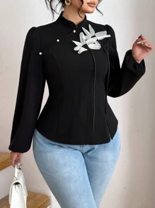 Celure 情人节大码优雅新中式衬衫日常穿着精致细节小开衩纽扣开合立领花卉装饰高端小众泡泡袖衬衫