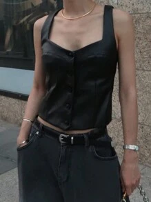 DAZY 女式黑色 PU 皮革短款修身背心，春夏