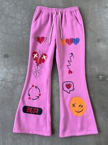 Manfinity EMRG Men's Street Fashion Casual Pants, Flared Bottom Graphic Print Sweatpants,Street Boys And  Fashionable Pair Of Elastic Tight-Waisted Mini Pants, Heart-Shaped Cartoon Pattern Print Design For Autumn And Winter Clothing,Perfect For Valentine's Day Couple Matching And Suitable For New Year Anniversaries.