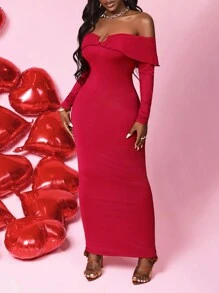 BamGleam 女士新款露肩网眼长袖紧身红色情人节连衣裙蛇年金属装饰图案，适合新年派对、除夕、聚会 - 紅色 - 查看 4