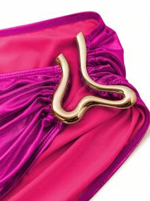 Swim SXY Sexy Gold Foil Fabric Bodycon Skirt, Women's Metal Accessory Halter 3-Piece Swimwear Set For Summer Beach Vacation - Hot Pink - View 7