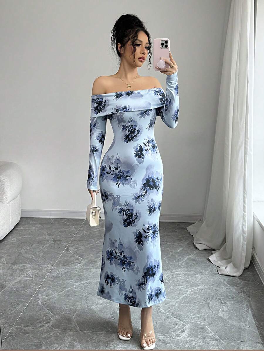 Elenzga Floral Print Off Shoulder Bodycon Dress - Blue - View 1