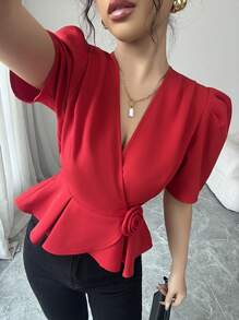 Elenzga 女士优雅 V 领分层肩部收腰公主袖花卉 3D 立领短上衣衬衫，浪漫通勤、节日、情人节