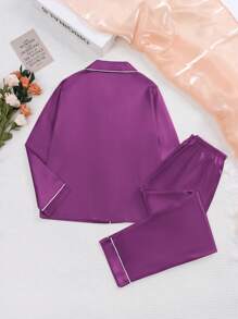 2pcs Tween Girl Champagne Solid Color Satin Spring/Autumn Long Sleeve Top And Pants Pajama Set - Purple - View 2