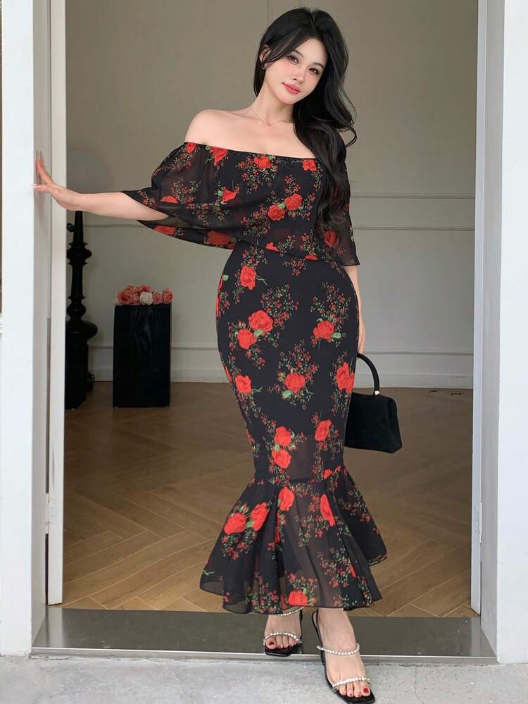 Women's Loose Floral Off Shoulder Simple Fitted Long Dress Sundress