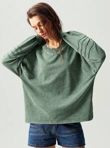 Bohemela Áo nỉ dài tay dáng rộng cổ chữ V màu trơn thoải mái cho nữ mùa thu/đông - màu xanh lá - Xem 4