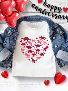 Baby Boy Fun Heart & Dinosaur Print Simple Short Sleeve T-Shirt, Suitable For Valentine's Day, Spring/Summer - White - View 1