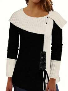 女士纯色拼布长袖休闲上衣，日常穿着 - 黑色 - 查看 1