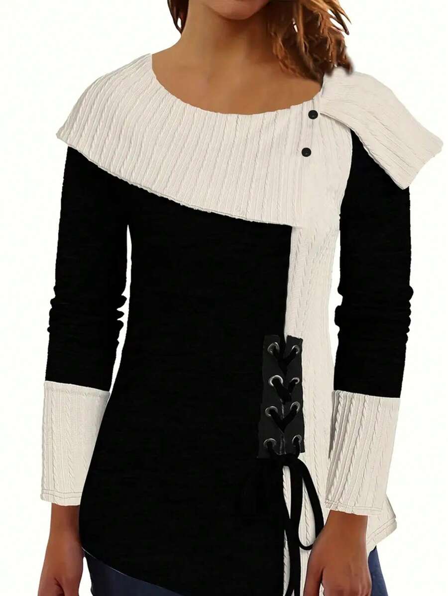 女士纯色拼布长袖休闲上衣，日常穿着 - 黑色 - 查看 1