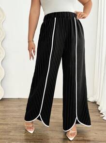 Celure Contrast Color Striped Loose Flare Leg Plus Size Women Casual Pants, Elegant For Commuting