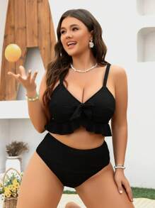 Swim Mod Set Baju Renang Tankini Ukuran Plus dengan Hiasan Pita dan Rumbai untuk Wanita, Pakaian Liburan Manis untuk Pantai, Cocok untuk Liburan Musim Panas di Pantai - Hitam - View 3