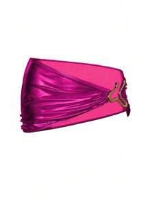 Swim SXY Sexy Gold Foil Fabric Bodycon Skirt, Women's Metal Accessory Halter 3-Piece Swimwear Set For Summer Beach Vacation - Hot Pink - View 3