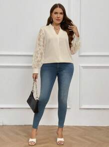 SHEIN Clasi Plus Size V-Neck Long Sleeve Casual Shirt With Sequin Embellishment Fall Cloth For Women