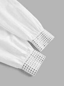 Slaydiva Áo sơ mi nữ dài tay màu trắng trơn gợi cảm mới, thắt nơ và đính đá. - trắng - Xem 7