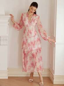 EMERY ROSE Robe longue à manches longues pour femmes avec encolure en V élégante, imprimé floral aléatoire en mousseline de soie, taille cintrée et ourlet asymétrique - Multicolore - Voir 6
