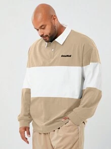 Manfinity NXTstreet Men's Plus Size Casual Knit Patchwork Loose Drop Shoulder Long Sleeve Polo Shirt