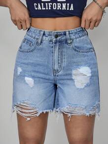 SHEIN PETITE 女式纽扣前口袋破洞休闲牛仔短裤 - 藍色 - 查看 4