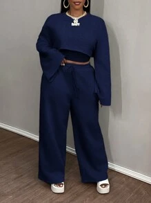 Slaydiva 2024 年新款 3 件套女士加大码基本纯色长袖短款上衣、细肩带吊带背心和宽松长裤休闲装