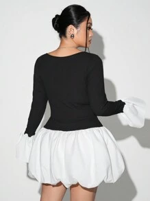 SHEIN ICON 大码拼色方领泡泡袖连衣裙，情人节