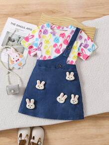 SHEIN 2pcs/Set Girl Young Graphics Print Crew Neck Short Sleeve Top And Rabbit Patch Decor Dress - Multicolor - View 1