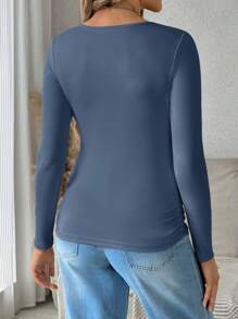 SHEIN Maternity Solid Color Long Sleeve Ruched Slim Fit T-Shirt, Casual For Daily Wear