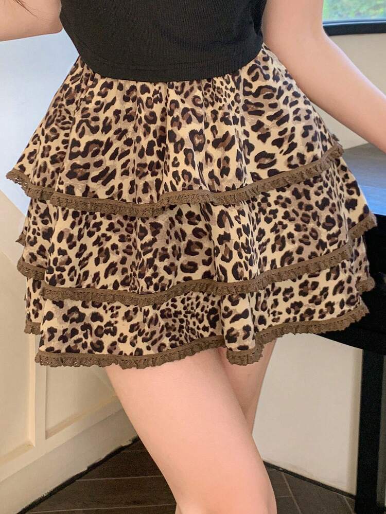 Lace Patchwork Leopard Print A-Line Skirt For Women,Ruffle Cheetah Print