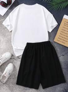 Teen Boy Graphic Printed Round Neck Short Sleeve Top And Shorts Casual 2 Pieces Set - Black and White - View 2