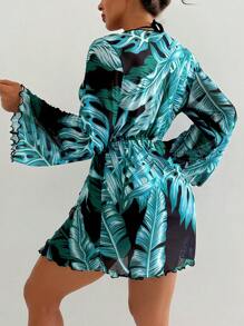 Swim Lushoire 1 件女式夏季热带植物印花深 V 领系腰串珠沙滩罩衫，度假和休闲