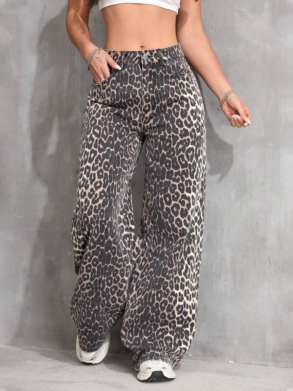 Pantalones largos de mezclilla con estampado de leopardo, casuales y de moda para uso diario