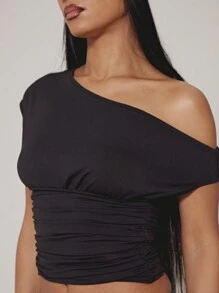 SUMWON WOMEN Off Shoulder Ruched Crop Top Asymmetrical Fitted Party Club Blouse Summer Festival Occasion Wear - Black - View 6