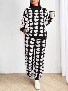 Flirla Fashion New Heart Pattern Long Sleeve Sweater Set For Autumn/Winter - Black and White - View 5