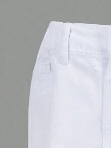 SHEIN Calça Jeans Casual Lavada Perna Larga Versátil para Bebês Meninas, Cor Café - Branco - Ver 3