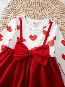 Cozy Pixies 女婴心形图案撞色针织柔软圆领长袖连衣裙，情人节 - 紅色 - 查看 7