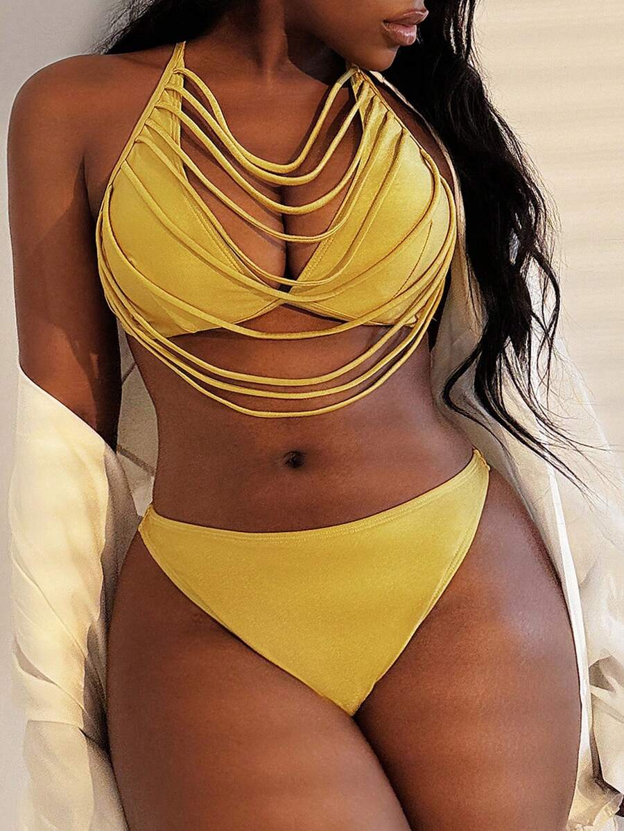Slaydiva Bộ 2 món đồ bơi bó sát bãi biển buộc chéo màu vàng, Bikini giản dị dự tiệc mùa hè thanh lịch dành cho nữ