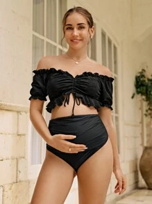 SHEIN Summer Maternity Off Shoulder Frill Trim Bikini Top And Bottom Bikini Set - Black - View 4